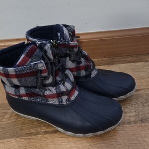 Sperry Navy and Red Plaid Kids Boots